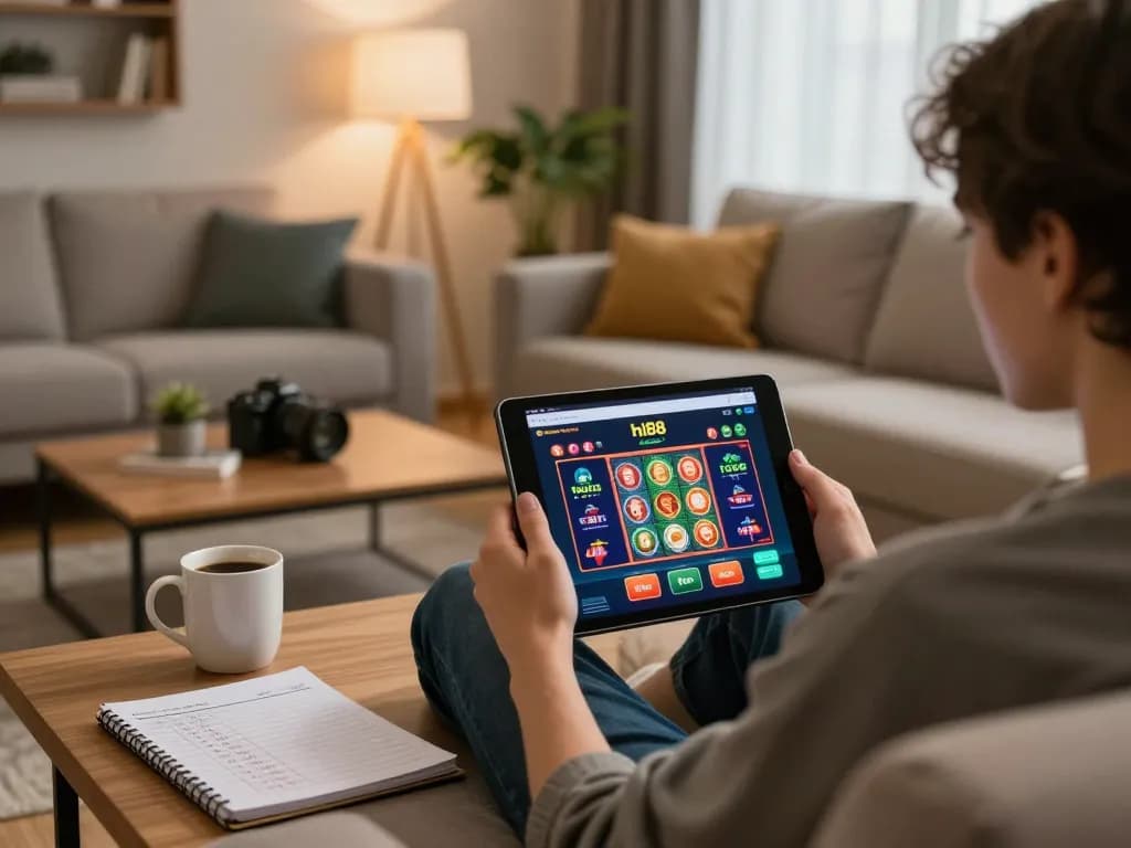 Engaging in hi88 online gambling through a tablet at home, showcasing strategic play vibes.