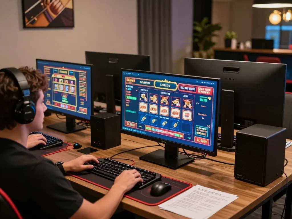 Experience immersive online gaming at https://rr888.shopping/ with a person engaged in a strategic casino session on multiple screens.
