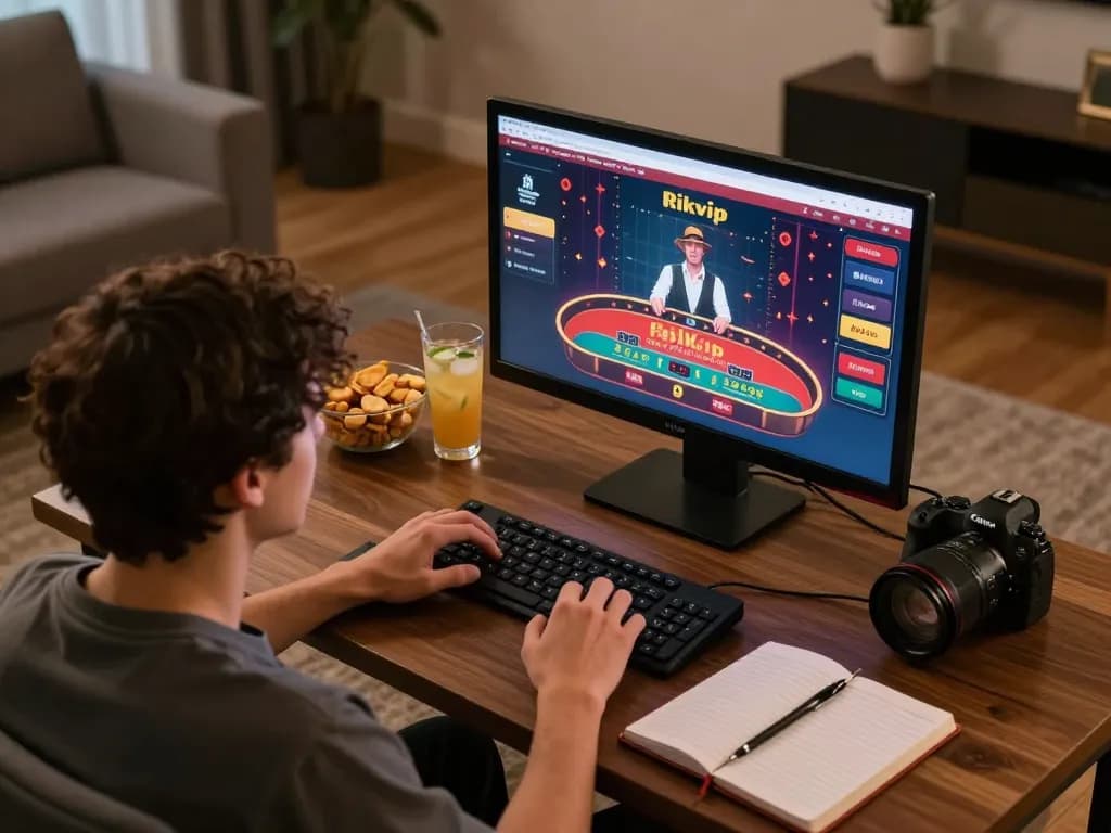 Player engaging with Rikvip casino games on desktop, emphasizing live dealer excitement and home gaming ambiance.