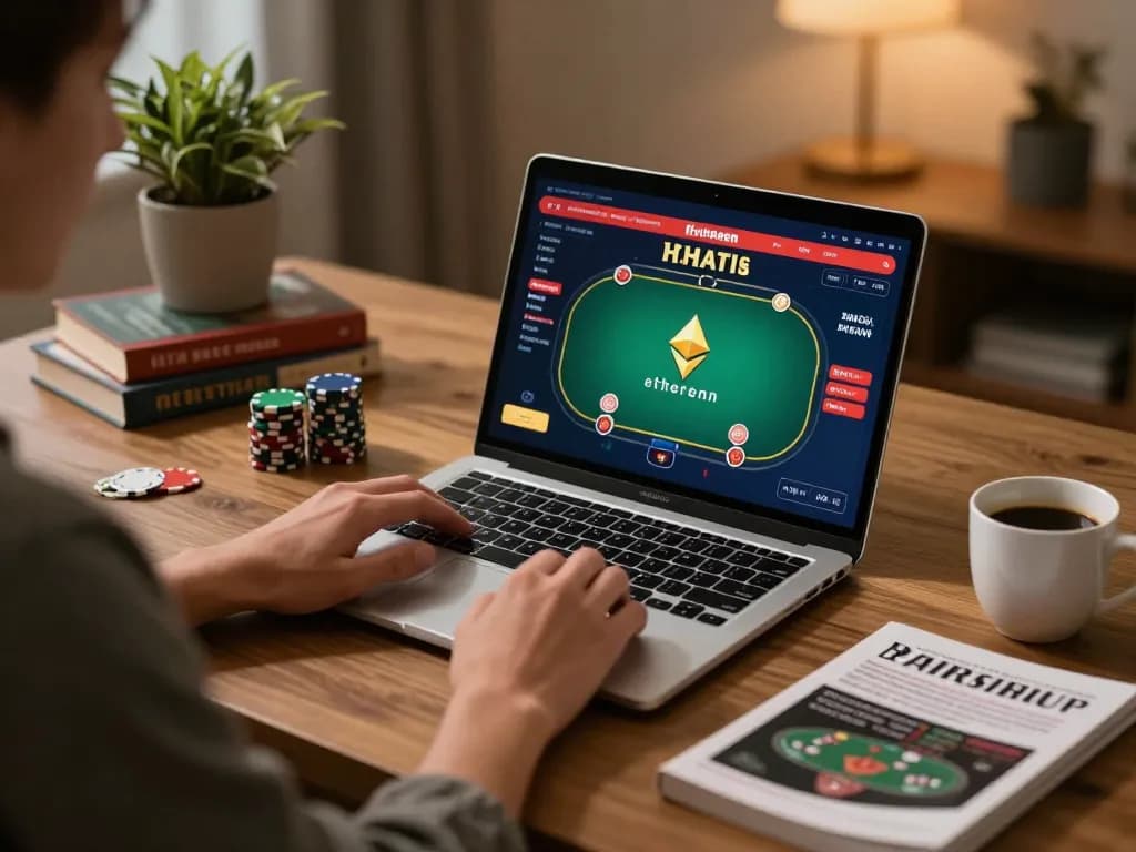 Engaging in ethereum gambling at home, showcasing an online poker game on a laptop with warm lighting.
