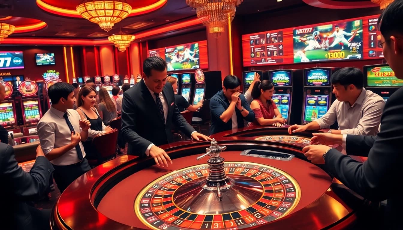 NA777 players placing bets at a luxurious casino table with professional dealers.