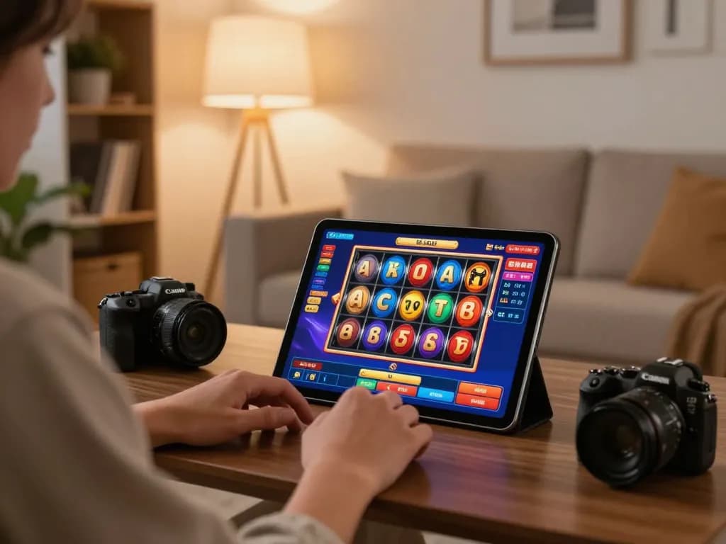Engaging in thrilling online gaming experience with 78win on a cozy tablet setup.