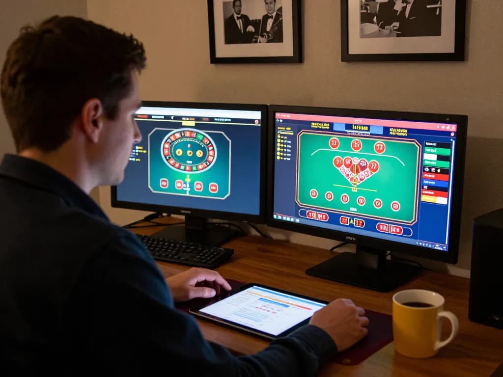 GG88 online player engaged in a live casino game with laptop and tablet, showcasing vibrant gaming interfaces.