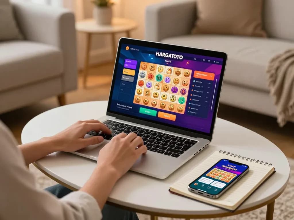Person enjoying HARGATOTO online lottery gaming experience with stylish interface on laptop.
