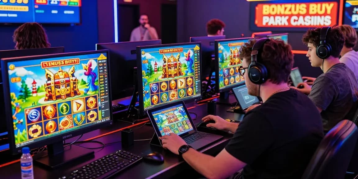 Players engaging with Bonus Buy Slots at https://bbsfieldguide.org.uk/, showcasing vibrant digital graphics and a competitive atmosphere.