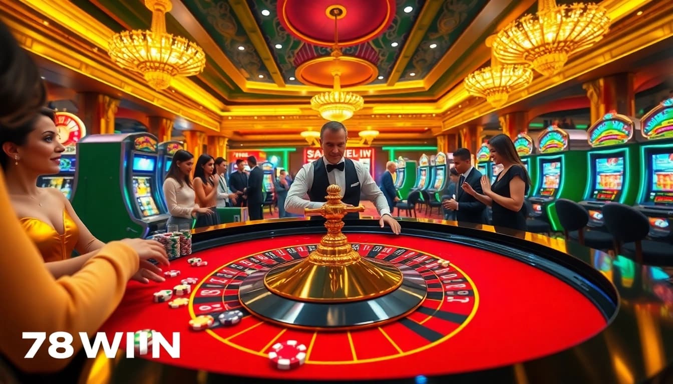 Excited gamblers betting at the 78WIN roulette table in a luxurious casino environment.