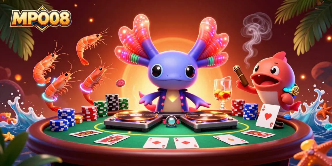 Win big with MPO08 as the neon-colored axolotl DJ spins on a vibrant casino scene.