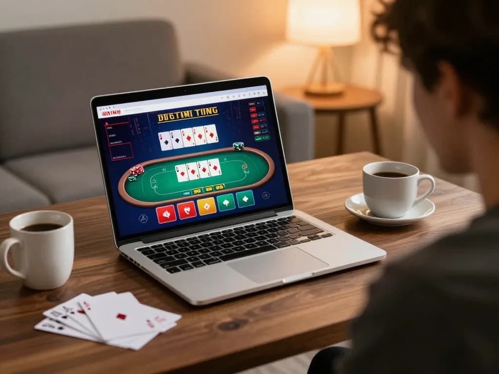 Engaging online poker game experience at home with 68win laptop display, fostering strategic gameplay