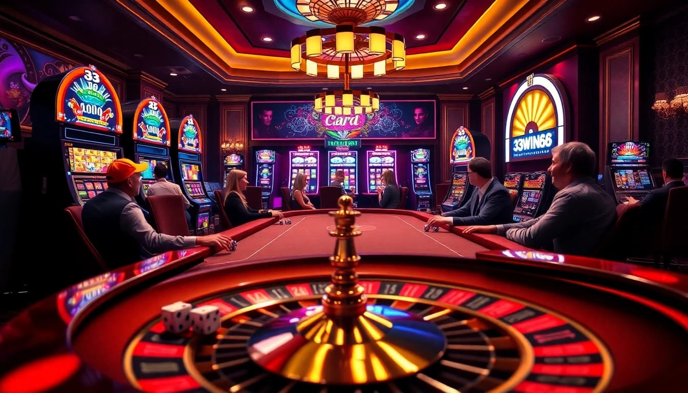 Gamblers enjoy the excitement of poker at 33win68 casino with vibrant slot machines in the background.
