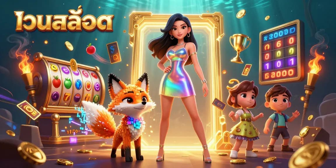 Engage with เว็บสล็อต as vibrant slot reels spin and colorful elements soar in dynamic casino illustration.