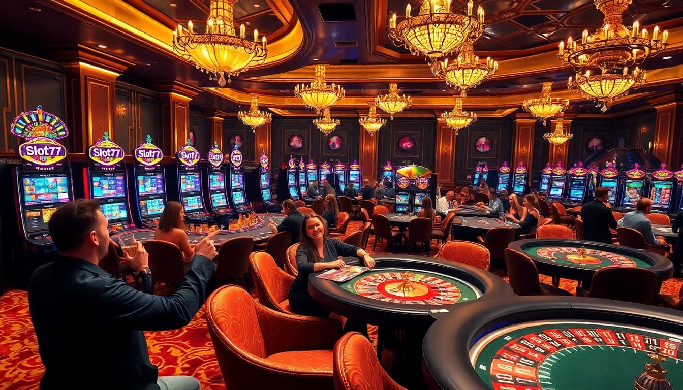 Pemain merayakan kemenangan besar di mesin slot777 di suasana kasino yang mewah.