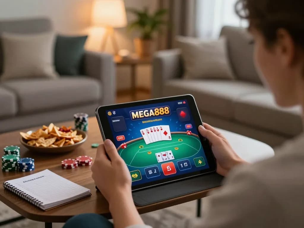 Engaging scene of mega888 online gaming with a cozy atmosphere and strategic preparation.