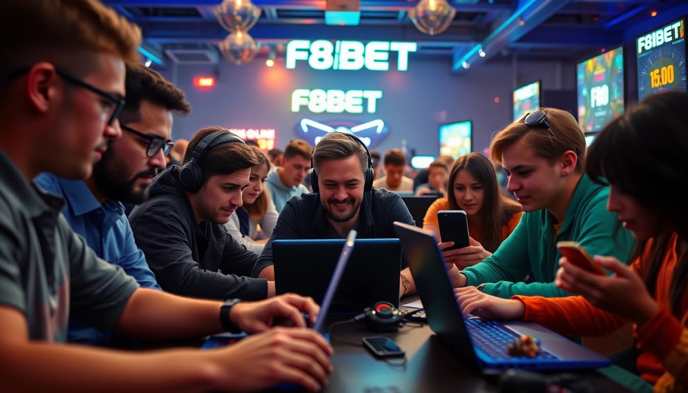 Exciting online gaming scene at f8bet.com with diverse players engaged in digital games.