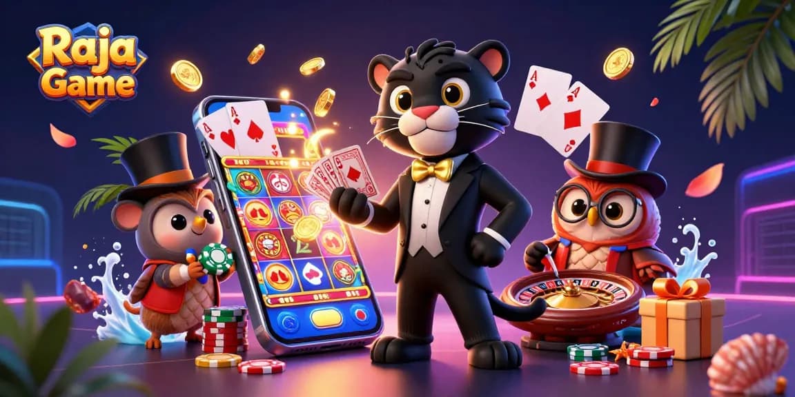 Raja Game showcases a vibrant 3D scene with a panther, owl, and mouse engaged in gambling excitement.