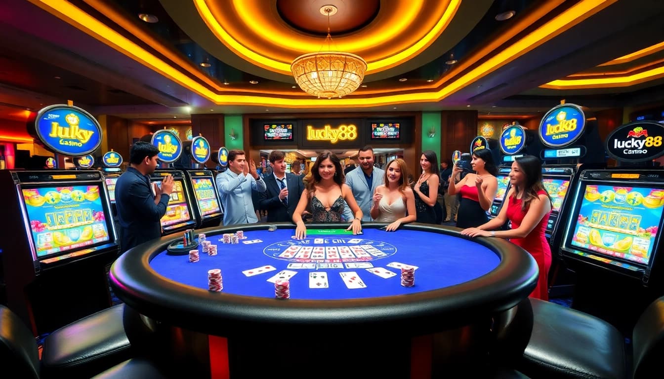 Players engaging in thrilling games at lucky88 casino, featuring blackjack and vibrant slot machines.