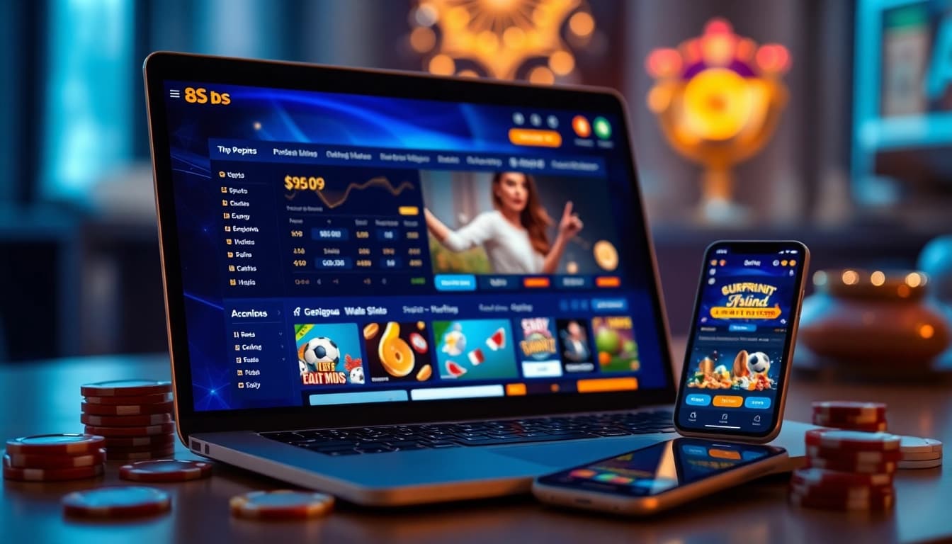 Experience the excitement of 8S online gaming with vibrant visuals of sports betting and casino games.