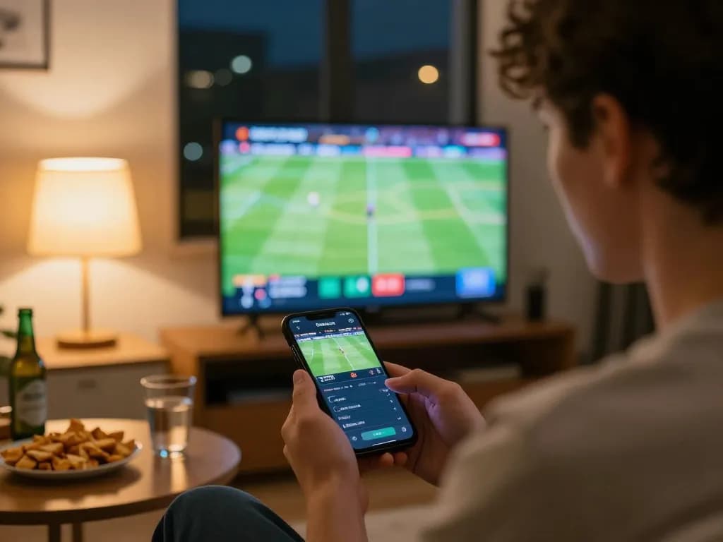 Engaged user placing a bet on F8BET app while enjoying live sports, showing excitement and strategic involvement