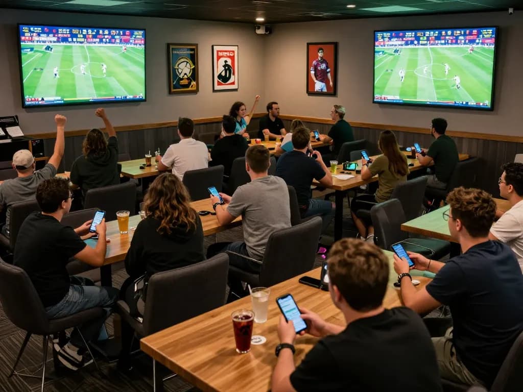 Exciting moment at sbobet88 sports betting lounge as fans place bets and cheer for their teams.