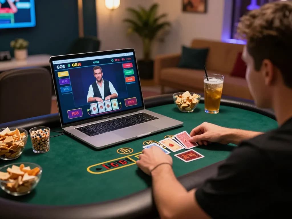 GO8 online casino player engaging with live blackjack game at home, showcasing a vibrant gaming atmosphere.
