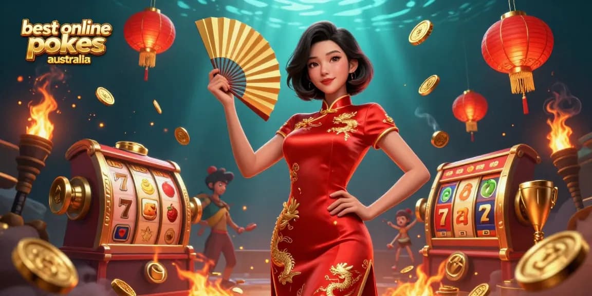 Play the best online pokies Australia for exciting wins with vibrant animations in a dynamic casino illustration.