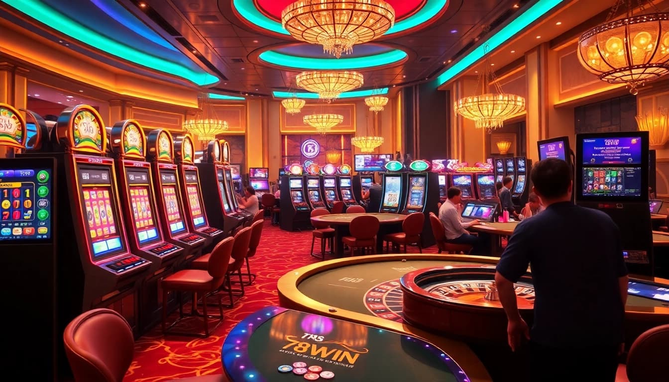Experience the excitement of 78WIN's vibrant gambling scene with luxurious casino elements.