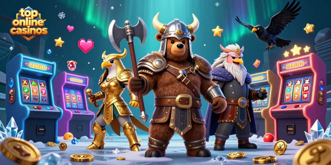 Experience the thrill at top online casinos with a Viking bear and Valkyrie eagle in a vibrant casino scene.