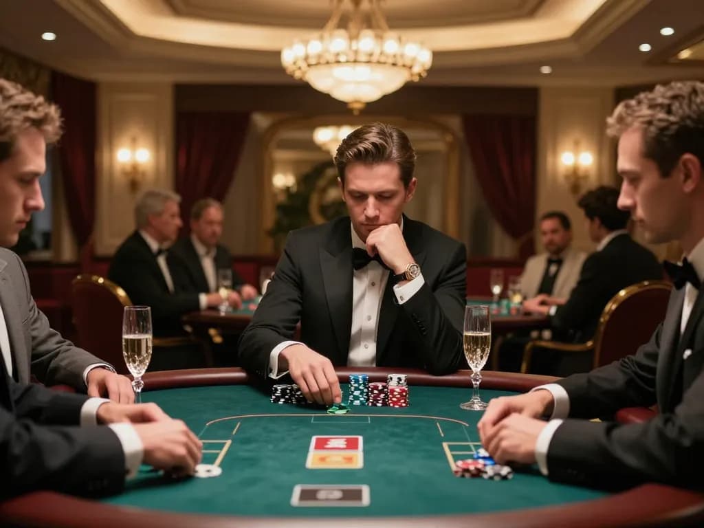 Intense poker strategy moment at JUN88 high-roller table featuring elegant decor and engaged players.