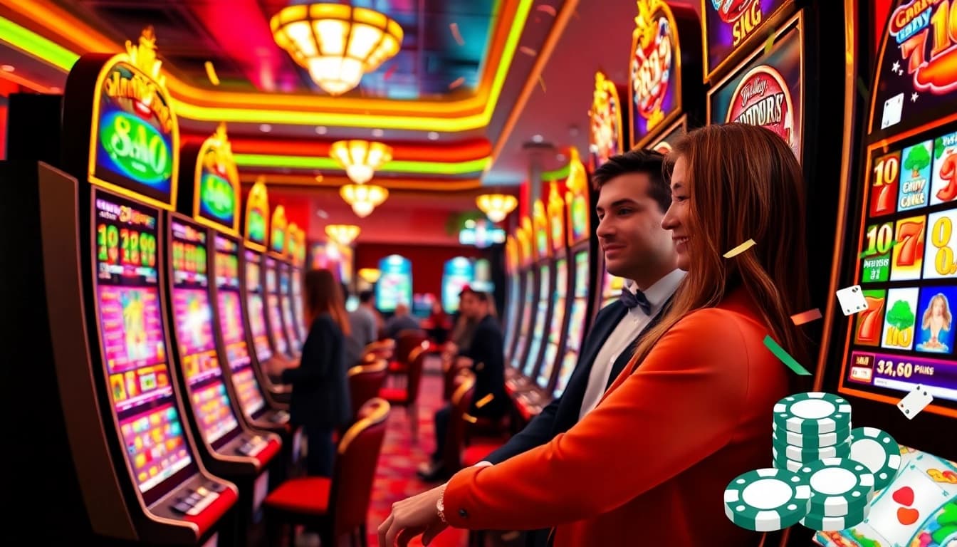 Slot online players celebrate a big win at vibrant, luxury casino machines.