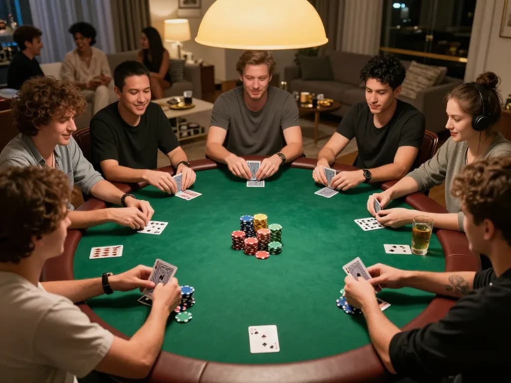 SUNWIN games during a lively poker night at home, showcasing players' strategic gameplay and vibrant atmosphere.