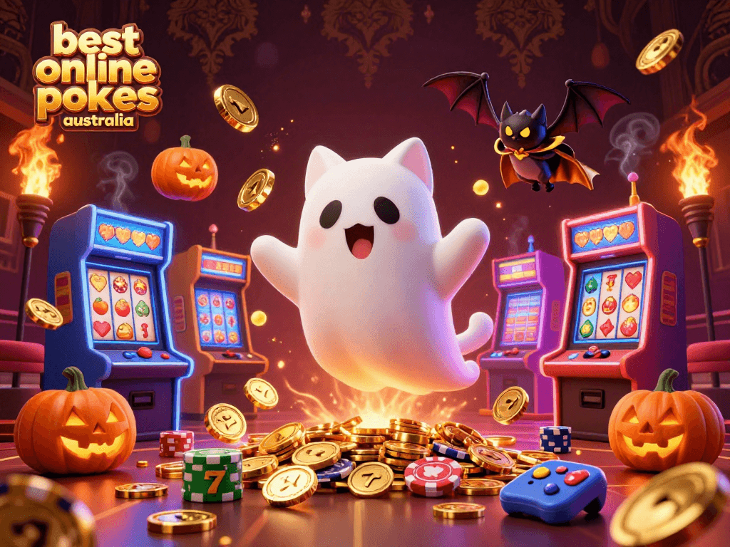 Play the best online pokies Australia offers in a vibrant casino scene with ghost cat and vampire bat.