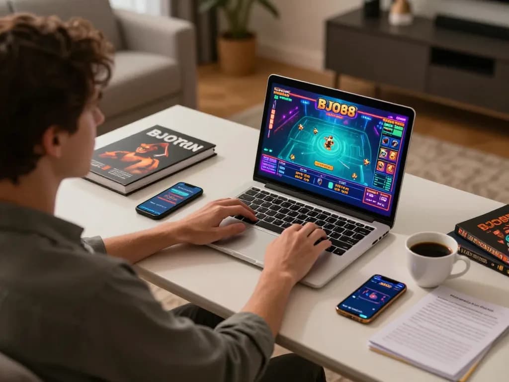 Pemain mengalami permainan BJO88 online, suasana rumah yang santai dengan kopi dan catatan strategi.