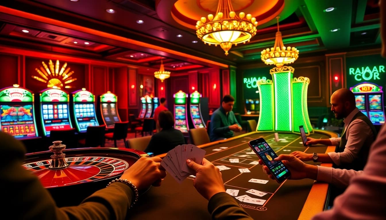 Experience the thrill of RAJAGACOR with a vibrant casino scene featuring exciting slot machines and engaging players.