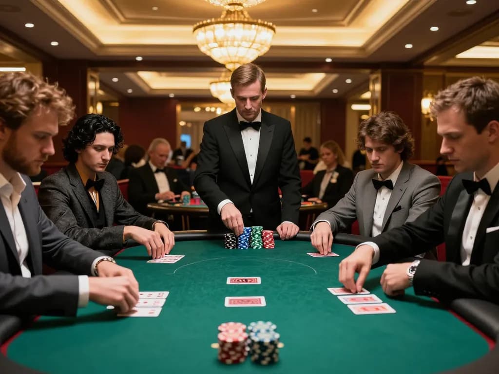 Players engaged in a high-stakes poker game at cm88 casino, showcasing intense gameplay and luxury atmosphere