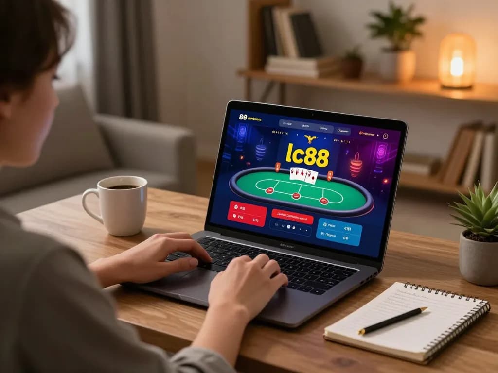 Person playing on lc88 online casino platform with laptop and strategic notes.