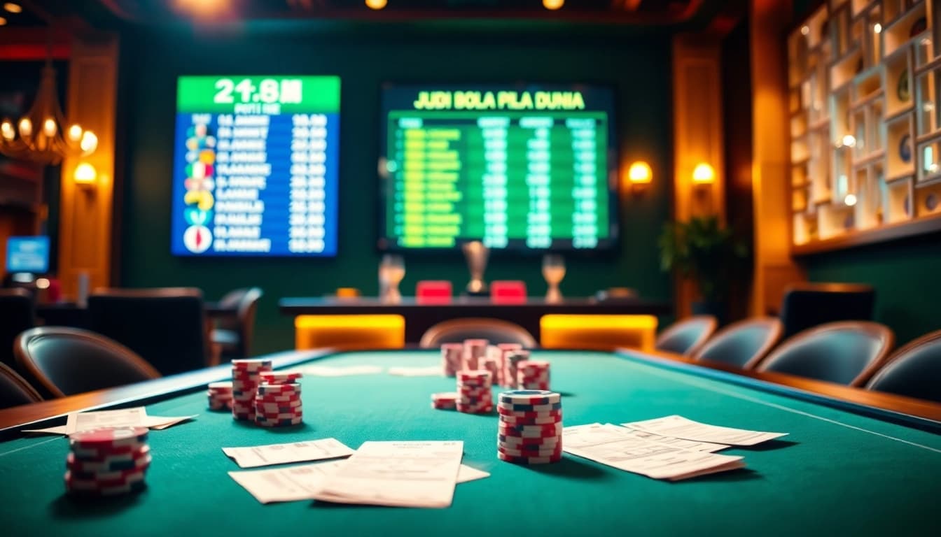 Engage in Judi Bola Piala Dunia betting with vibrant casino visuals of poker chips and live betting odds.