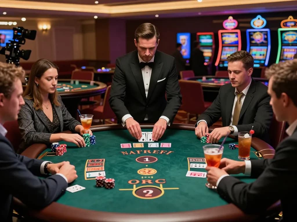 Players strategizing their next moves at a kdslot blackjack table in a luxurious casino setting