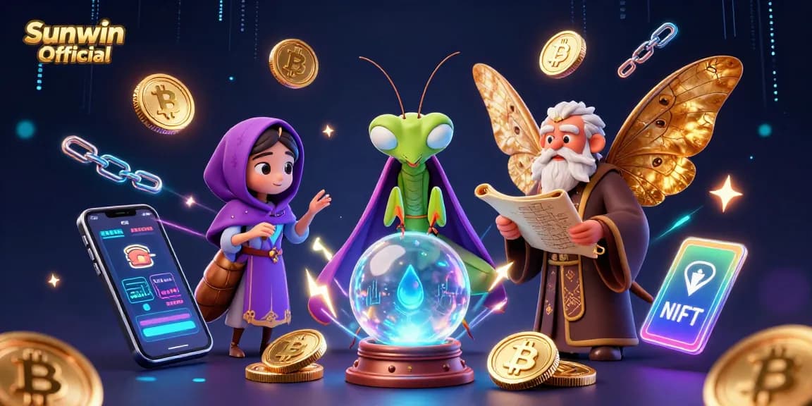 Engage with Sunwin Official's vibrant 3D casino scene showcasing crypto elements and mystical characters.