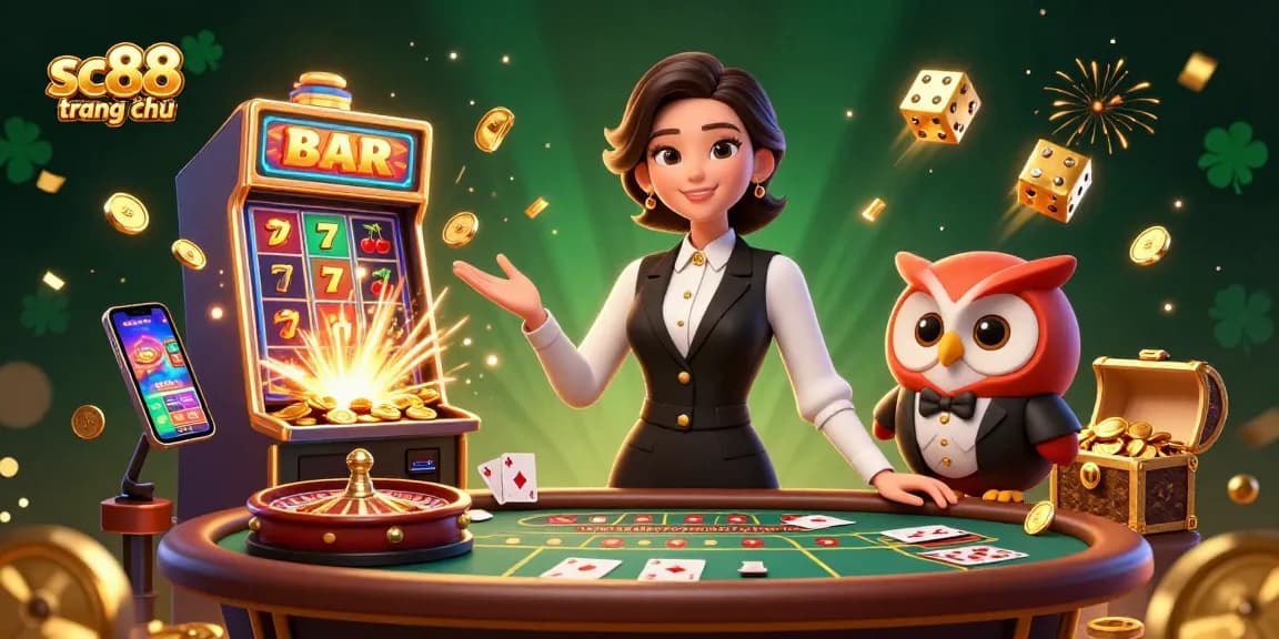 Experience the excitement at sc88 trang chủ with a vibrant casino scene featuring a skilled dealer.