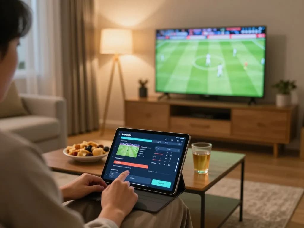 Person using Bongdalu for live sports betting at home, tablet displaying match updates in a cozy living room setting.