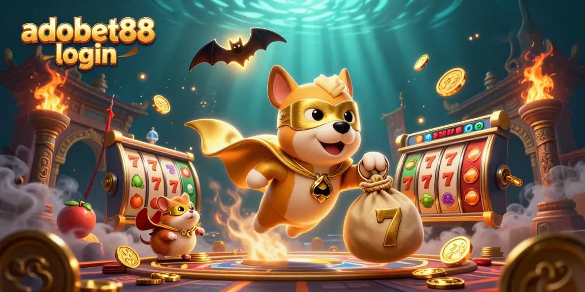 Join the action with adobet88 login featuring a superhero dog and hamster amid slot reels and golden coins!