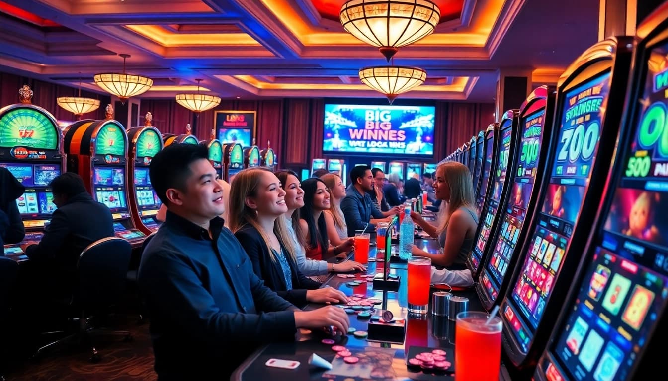 Excited players enjoying Slot Online games in a luxurious casino setting filled with vibrant slot machines.