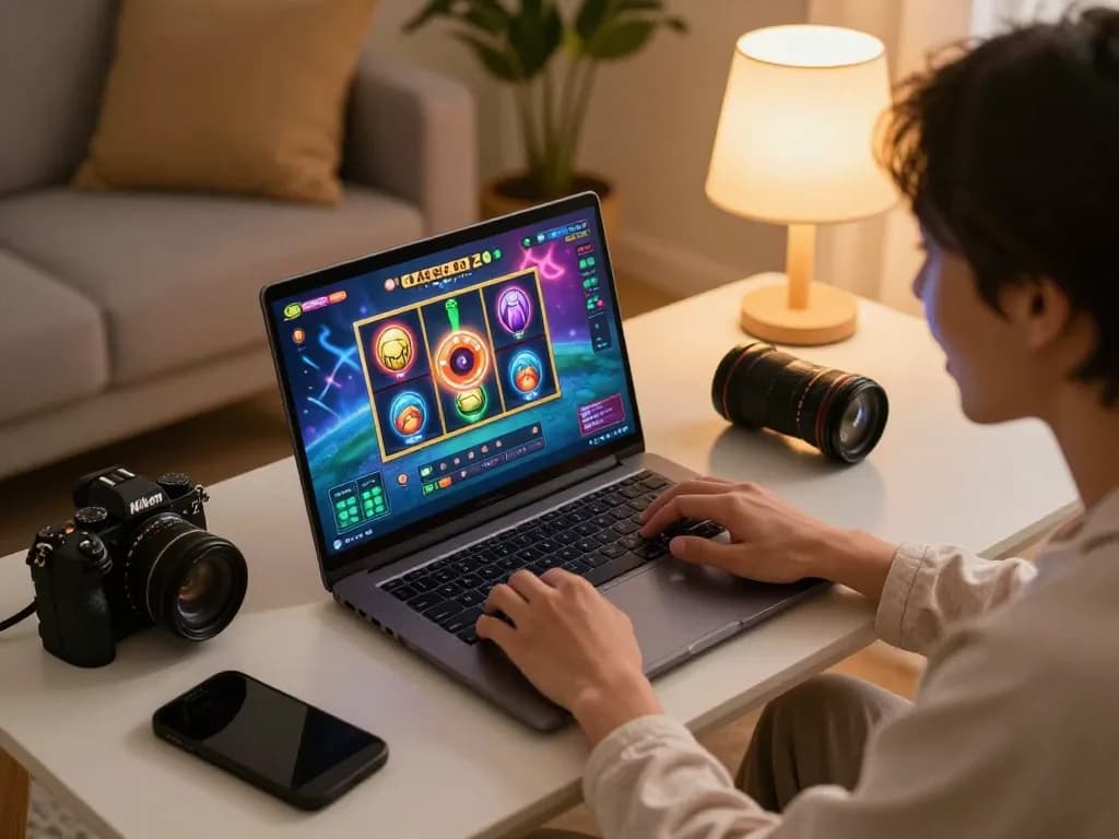 Engaged player enjoying slot gacor games on a laptop in a cozy home setting.