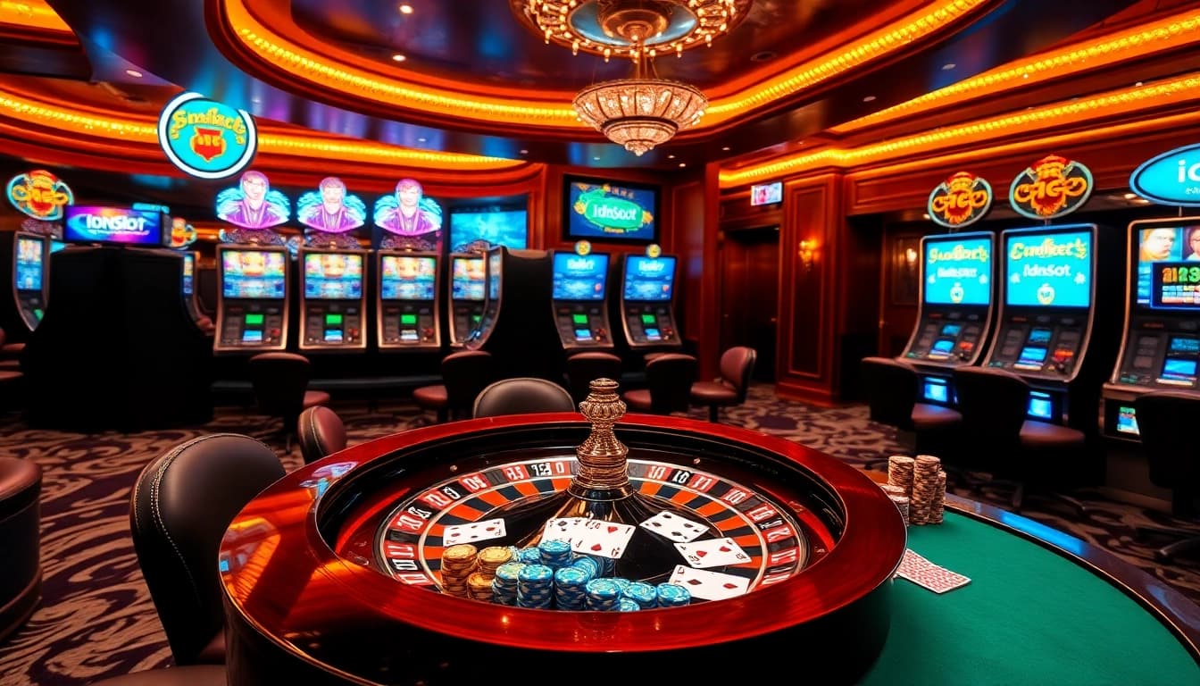 Engaging gambling scene highlighting idnslot with vibrant slot machines and roulette.