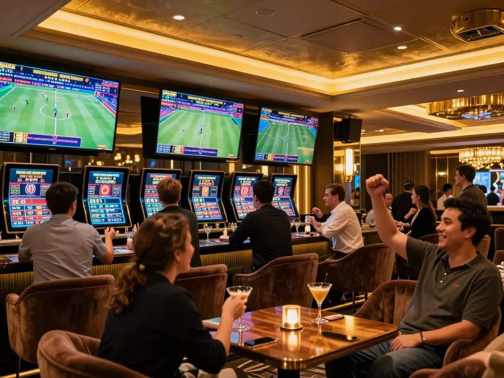 Jun88pl sports betting lounge with enthusiastic bettors placing wagers and celebrating wins