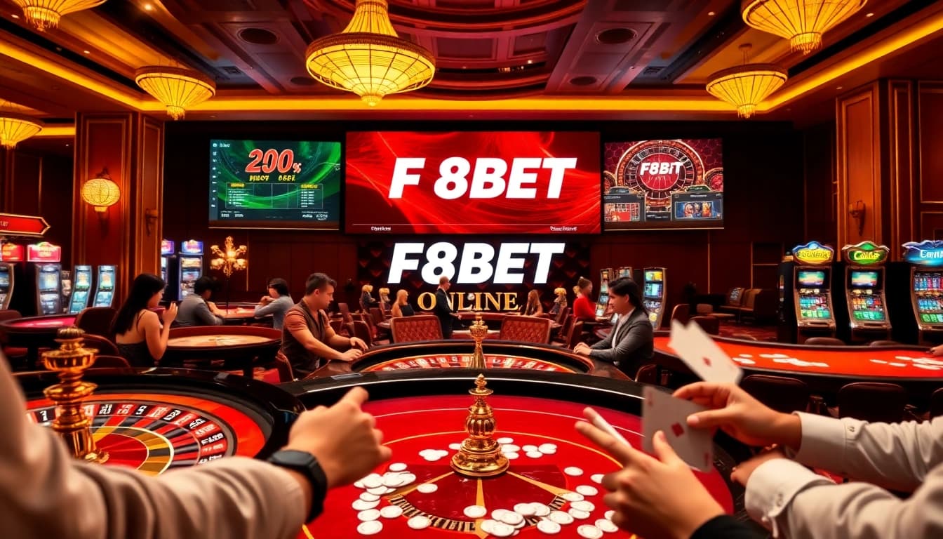 Experience thrilling gameplay with F8BET in a luxurious casino atmosphere featuring roulette and poker tables.