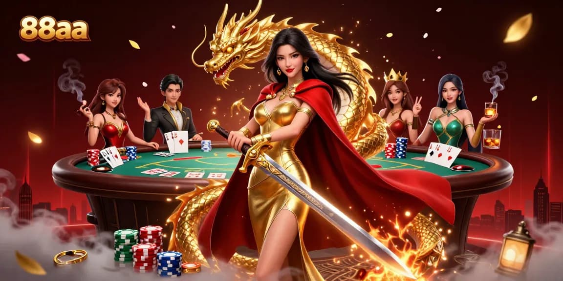 Engage in thrilling gaming at 88aa with a warrior queen protecting vibrant poker elements.