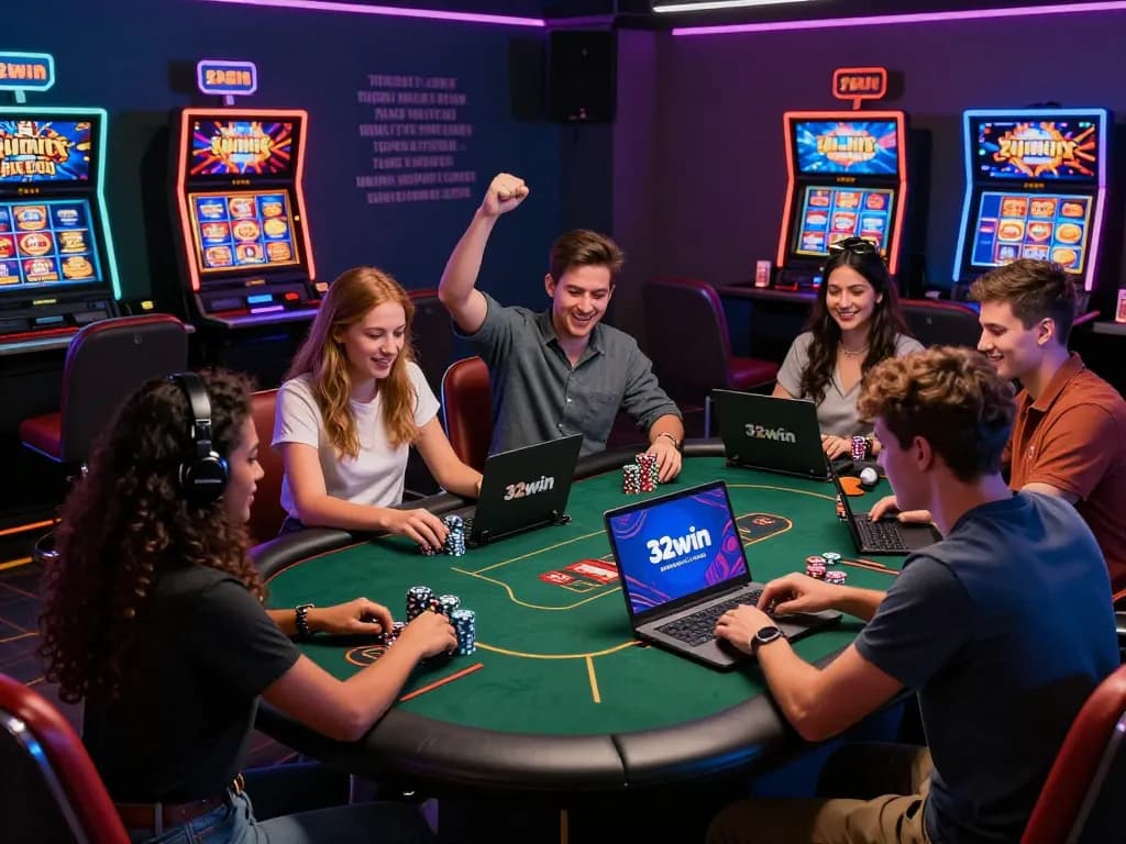 Friends enjoying an engaging online gambling experience at 32win.com, surrounded by vibrant casino elements.