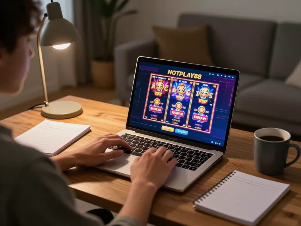 Menggunakan login HOTPLAY88 di laptop dalam suasana rumah yang nyaman, menjelajahi permainan slot online