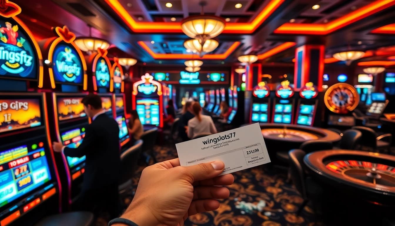Wingslots77 Login action scene with players celebrating wins at vibrant slot machines.