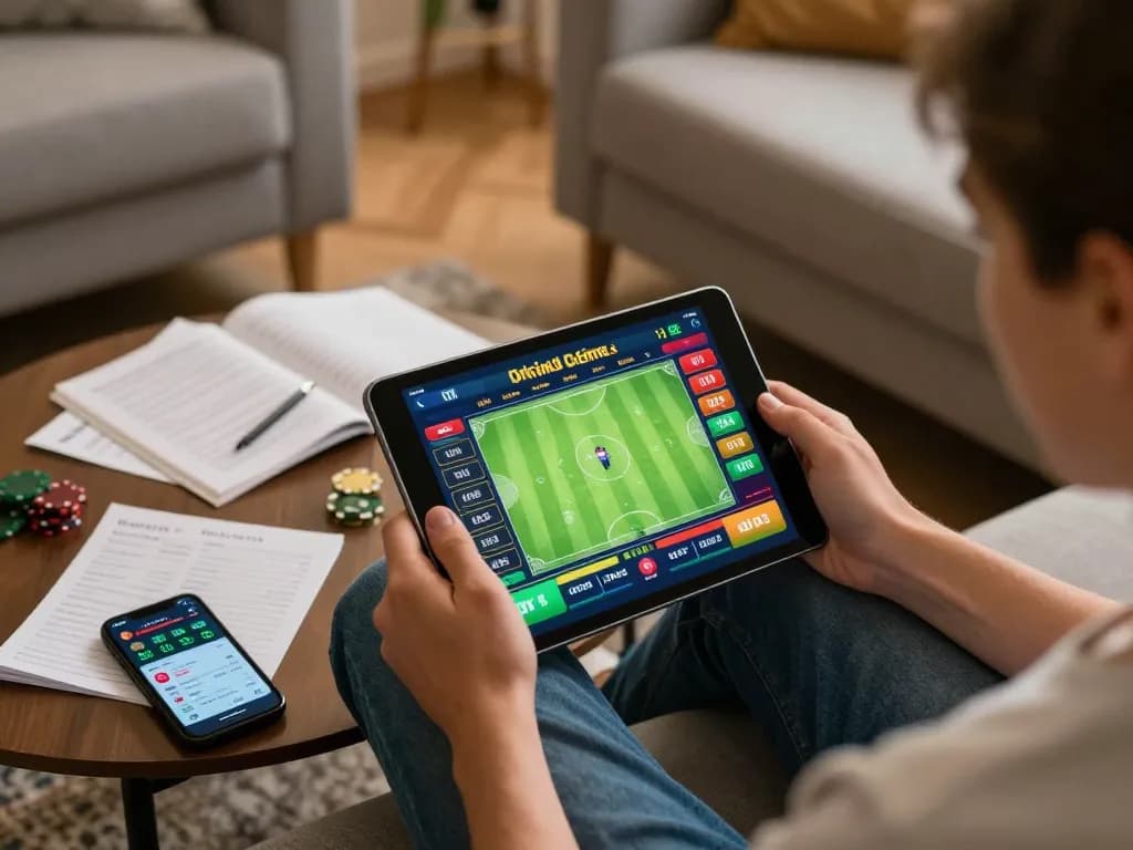 Engaging online gambling scene showing ty le keo analysis on a tablet with coffee, notes, and smartphone beside.